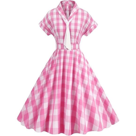 💗 NEW Pinup Retro Rockabilly 1950s Collar Bow Pink Plaid Tea Dress w/Belt XXL - Picture 5 of 16